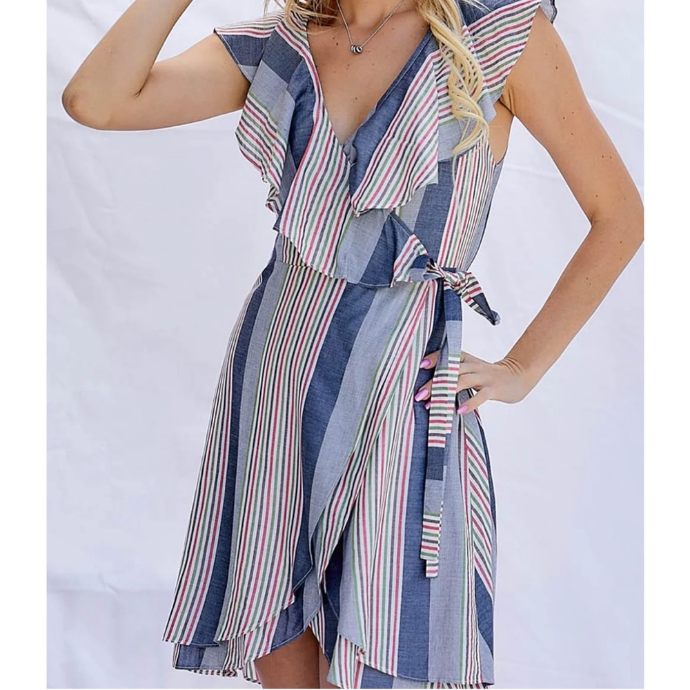 Davi & Dani Layered Striped Wrap Dress